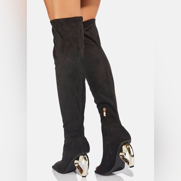 YOKI Over The Knee Stretch Peep Toe Boots Heart Shaped Heel Zip Up Black Size 7 - Picture 3 of 15